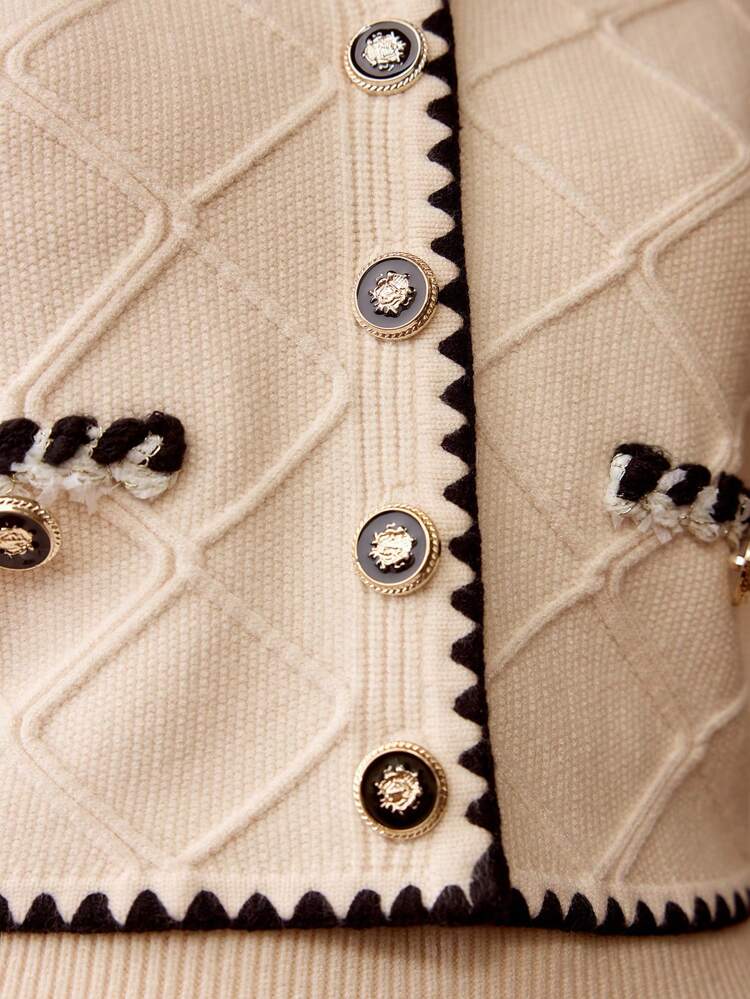 CONTRAST PIPING V-NECK SINGLE BREASTED PLACKET CARDIGAN