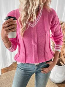 SHEIN LUNE Jersey casual de mujer oversize de punto trenzado con cuello en V y de rayas, para otoño/invierno