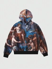 ROMWE MEN Street Life Men's Casual Letter & Figure Print Long Sleeve Loose Hooded Sweatshirt For Autumn - Multicolor - View 1