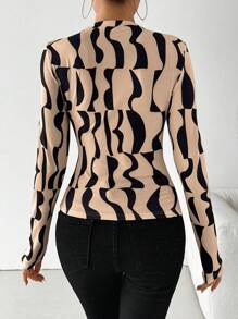 VaVaBold Camiseta de manga larga ajustada con cuello alto con pliegues y estampado aleatorio para mujeres, para atuendos de primavera
