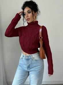 Selianne Jersey de cuello alto corto de unicolor, informal para otoño/invierno, suéter de punto de temporada - Burdeos - Ver 5