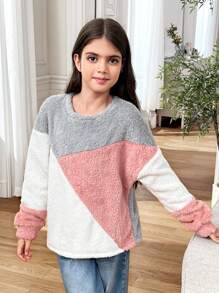 SHEIN Tween Girls Casual Colorblock Patchwork Crew Neck Long Sleeve Sweatshirt, Suitable For Autumn/Winter