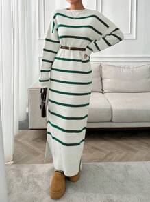 EURMUSE Apricot And Brown Striped Thick And Maxi Sweater Dress - White - View 5