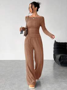 SHEIN PETITE Bộ đồ hai mảnh áo len dệt kim xẻ lỗ màu xám đậm dành cho nữ + quần ống rộng - màu nâu - Xem 4