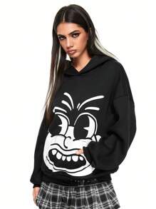 ROMWE 休闲街头趣味图案印花宽松套头连帽运动衫 - 黑色 - 查看 3