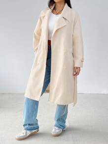 SHEIN PETITE 女士纯色前扣长袖口袋基本款夹克，休闲日常穿着 - 米色 - 查看 5