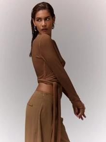 MUSERA V Neck Wrap Tie Crop Top Casual Summer Sexy Cute Airport Holiday Fall Back To School