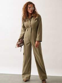 SHEIN Unity 1 套女式纯色落肩长袖实用口袋休闲连体裤，秋季 - 棕色 - 查看 3