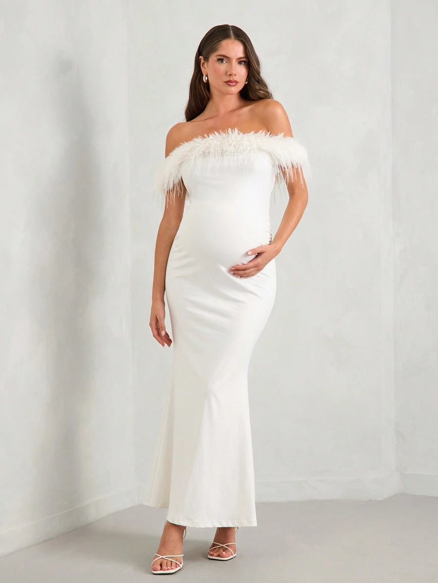 SHEIN MaterniChic Chic Elegant Off Shoulder Slim Fit Maternity Long