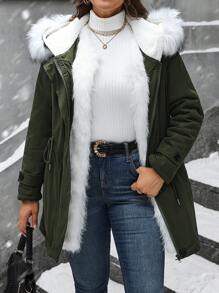 Calvaya Plus Size Long Sleeve Hooded Mid-Length Padded Padded Padded Coat With Fur Lining, Women Winter Clothes Clothes - Green - View 4