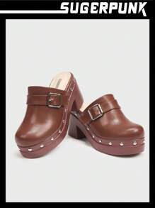 Sugerpunk 女士时尚棕色穆勒木屐厚底一脚蹬鞋，适合通勤、约会、聚会、圣诞节和新年假期氛围秋冬季 - 棕色 - 查看 5