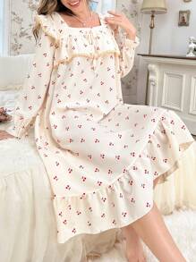 CottageSlumber Camisón holgado de mujer con cuello cuadrado, estampado de cerezas y volantes con bloqueo de color - Albaricoque - Ver 3