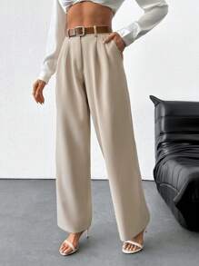 RueChic Women's Solid Mid Rise Belted Suit Pants - Beige - View 1
