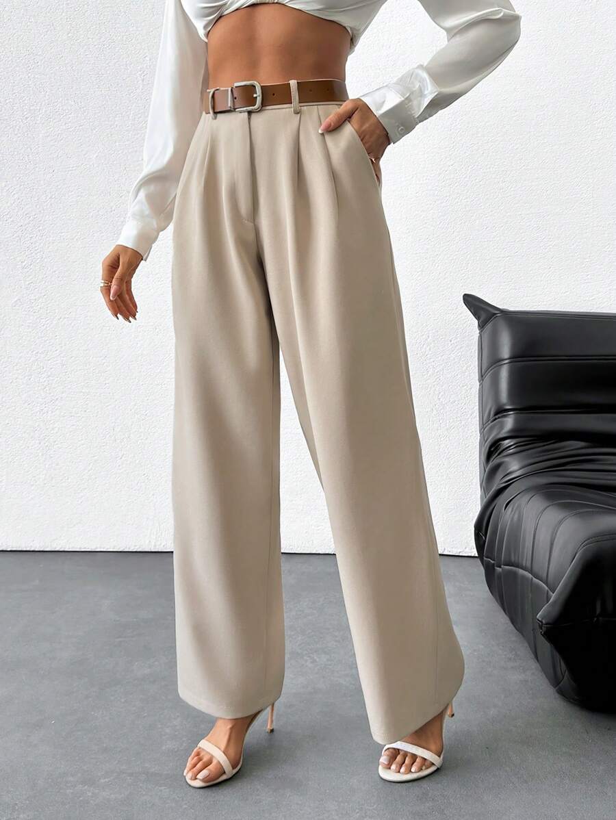 RueChic Women's Solid Mid Rise Belted Suit Pants - Beige - View 1