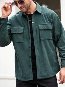 Manfinity Homme Men's Casual Solid Color Flap Pocket Plain Long Sleeve Shirt, Autumn, Husband, Going Out