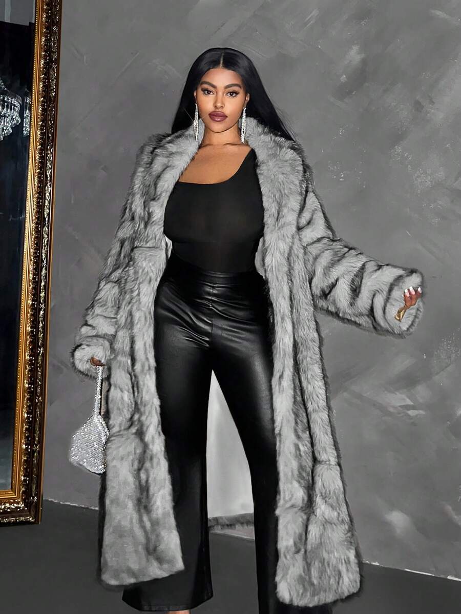 Maweii 大码冬季时尚蓬松长外套 - 灰色 - 查看 1