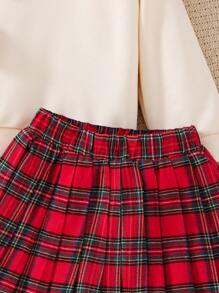 SHEIN 2pcs Girls Fashion Casual Cute Big 3D Plaid Bow Decor Top And Woven Plaid Skirt Set, Suitable As Christmas Gift, New Year Gift, Holiday Gift, Outdoor, Travel, Daily, Suitable For Autumn, Spring, Fashionable, Cute, Stylish - Purple - View 6