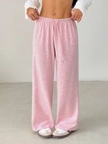 SHEIN PETITE Damen unifarbene Stoffhose mit Kordelzug in der Taille, weich und locker, lässige Passform, Herbst/Winter, weite Hose - Pink - Übersicht 4