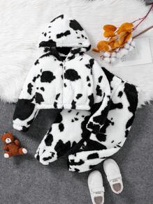 SHEIN Leap Crew Young Girl Cute & Casual & Vintage 2pcs Cow Print Hooded Teddy Jacket & Pants Outfits, Warm And Comfortable Long Sleeve, Great For Casual & Daily Wear & School Daily & Home Wear In Autumn & Winter, For Christmas - Black and White - View 2