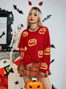 SHEIN Unity Halloween Pumpkin Pattern Drop Shoulder Knitted Sweater Fall Winter - Red - View 5