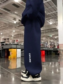 Zikori Little Byeori 2 件套青少年男孩休闲韩版字母印花圆领连帽衫运动衫和宽松抽绳腰裤，保暖内衬加厚 - 藏蓝色 - 查看 5