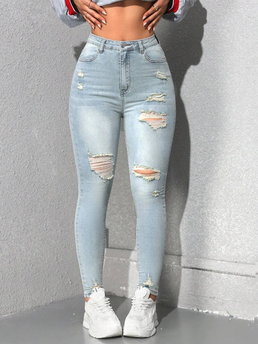 SHEIN ICON 紧身做旧纯色口袋休闲日常牛仔裤 - 中等水洗藍 - 查看 1