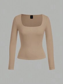 SHEIN EZwear Bộ 2 áo thun nữ cổ vuông tay dài bó màu trơn thường ngày, thích hợp cho mùa thu đông - Nhiều màu - Xem 6