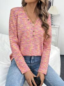 SHEIN LUNE Half-Placket Buttoned Batwing T-Shirt With Waffle Texture Fall Cloth For Women - Hot Pink - View 6