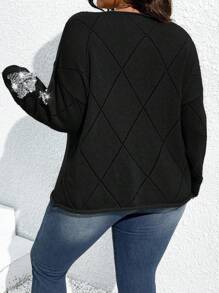 SHEIN Unity Plus Size Women Spring & Autumn Round Neck Drop Shoulder Hollow Out Sequins Decor Daily Pullover Sweater, Grey, For Winter Knit Pullover Fall Sweater - Black - View 2