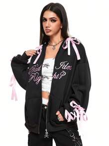 ROMWE Street Life Áo nỉ trùm đầu thêu logo màu khối cỡ lớn phong cách Y2K dành cho nữ - màu đen - Xem 4