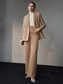 The Great Gatsby x MOTF 编织女士厚花呢西装外套，适合派对 - 卡其色 - 查看 10