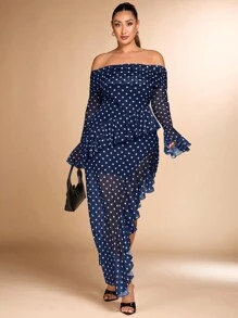SHEIN BAE Plus Size Fall Elegant Sexy Sweet Woman Black And White Polka Dot Mesh Print One Shoulder Asymmetrical Ruffle Hem High Slit Long Dress - Navy Blue - View 1