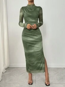 Chiquease 女士优雅蓝色扎染网眼褶皱松紧腰修身中长连衣裙，秋季长款女装 - 綠色 - 查看 3