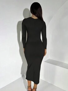 INAWLY Solva 女士纯色圆领优雅修身长袖连衣裙