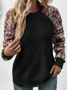 SHEIN LUNE Sudadera casual de cuello redondo de manga larga con estampado a cuadros contrastante, para otoño/invierno, de tallas grandes