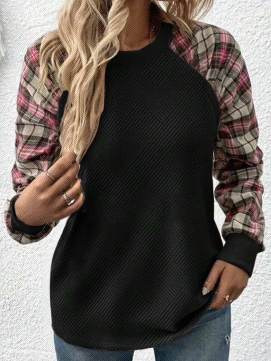 SHEIN LUNE Plus Size Contrast Plaid Crew Neck Long Sleeve Casual Sweatshirt Fall /Winter - Black - View 1