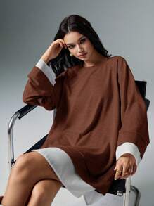 Poéselle Sweat-shirt ample en fausse fourrure, 2 pièces, col rond, manches raglan longues, ample, pour le printemps et l'automne, vêtements pour femmes, robes décontractées pour femmes, couleur unie