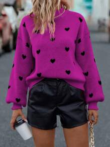 SHEIN LUNE 女士高领长袖爱心图案休闲套头毛衣针织衫秋冬款 - 紫羅蘭色 - 查看 4