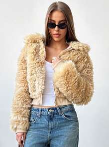 Aloruh Faux Leather Jacket With Plush Lining, Turndown Collar, Zip Up Closure, Versatile Shorts, Suitable For Autumn/Winter