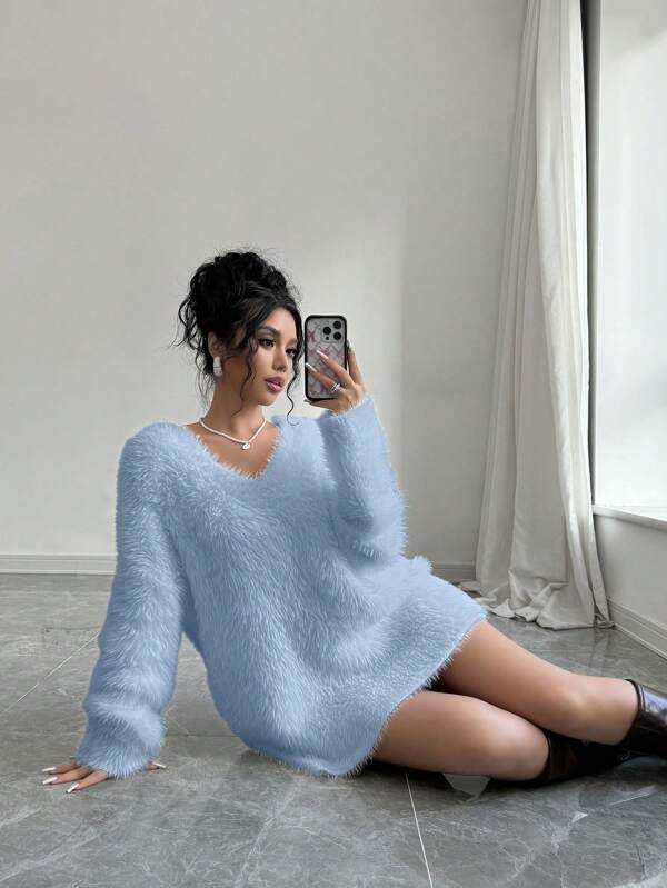 Elenzga Women Solid V-Neck Long Sleeve Fluffy Casual Loose Knit Sweater, Autumn/Winter