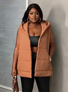 Slaydiva Women Plus Size Elegant Hooded Sleeveless Solid Khaki Vest Jacket, Street Style - Khaki - View 1