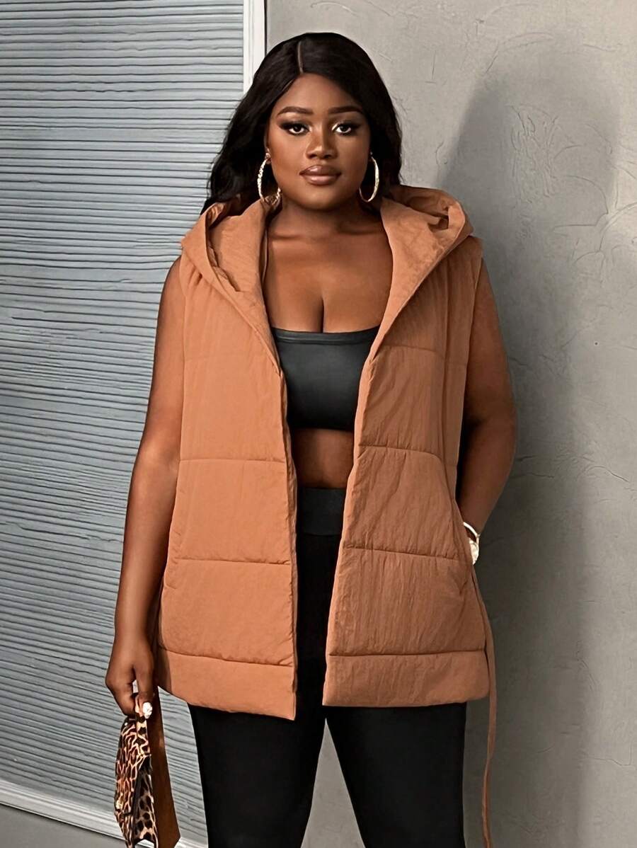 Slaydiva Women Plus Size Elegant Hooded Sleeveless Solid Khaki Vest Jacket, Street Style - Khaki - View 1