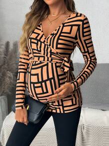 SHEIN Áo thun bà bầu cổ chữ V dài tay, buộc dây phía trước, ôm sát, mùa thu - màu nâu - Xem 3