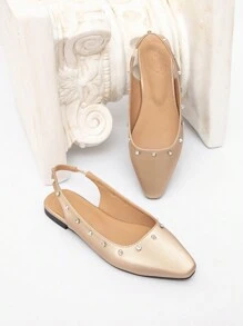 CUCCOO CHICEST Champagne Elegant Rhinestone Rivet Slip-On Soft Women's Backless Flat Shoes - Champagne - View 8