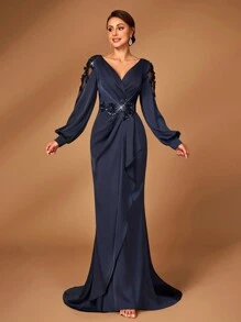 Serin Elegant Navy Blue V-Neck Sheer Long Sleeve Ruched Fishtail Dress,Suitable For Wedding,Party,Vacation,Mother Of The Bride - Navy Blue - View 1