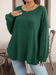 SHEIN LUNE Camiseta de manga larga de talla grande con cuello de equipo acanalado, unicolor, holgada, con decoración de botones para otoño