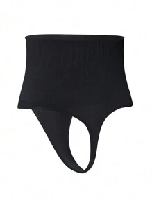 Women's Casual Comfy Black High Waisted Thong Shapewear Bottoms With Medium Stretch Knitted Fabric - Black - View 8