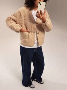 Forever 21 女士花卉提花印花长袖休闲棉服外套，冬季 - 杏色 - 查看 3