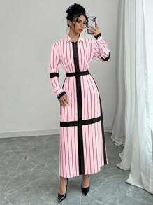 SHEIN Elenzya Đầm Maxi Kẻ Sọc Tay Dài Có Cổ Cho Nữ 2024 - Màu Hồng baby - Xem 3