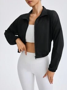 Easithlete Women Solid Color Front Zipper Long Sleeve Simple Sports Jacket, Casual Everyday Wear - Black - View 4